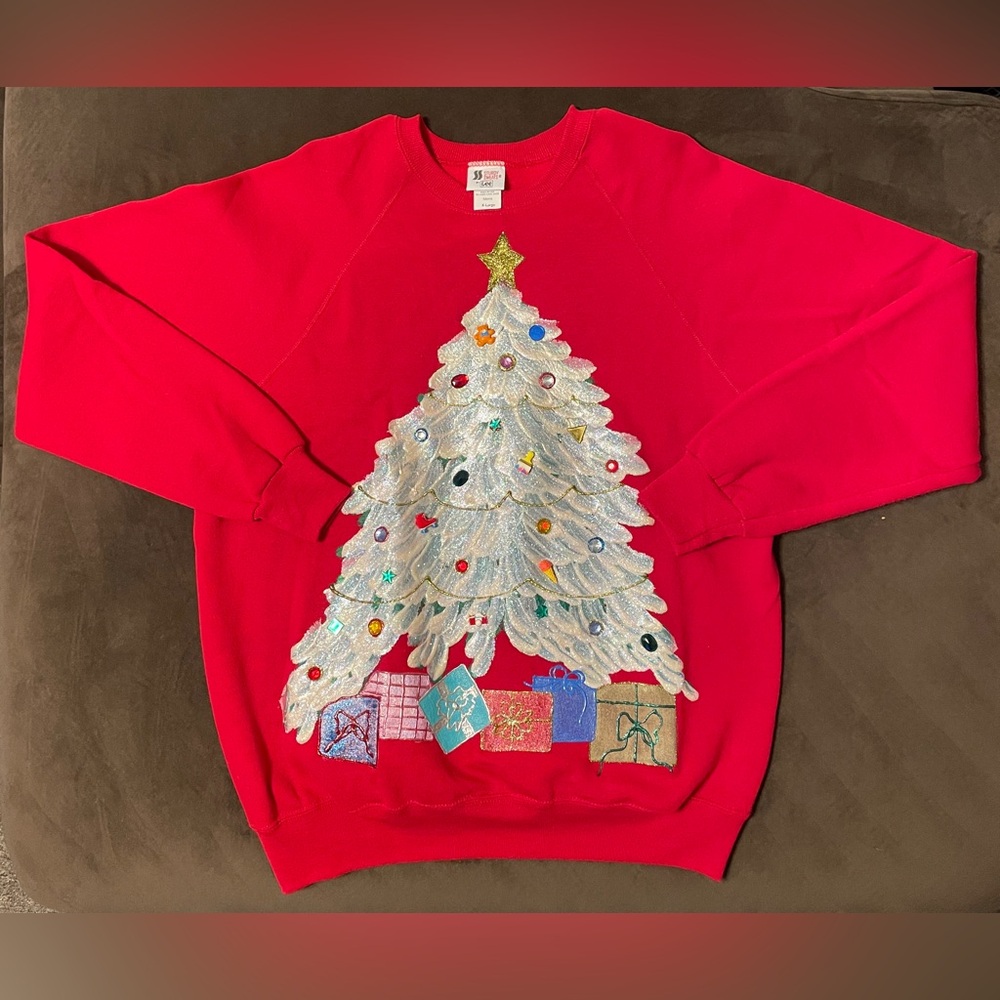 Vtg 90s Hanes Homemade Ugly Christmas Tree Sweatshirt Button Ornaments Applique
